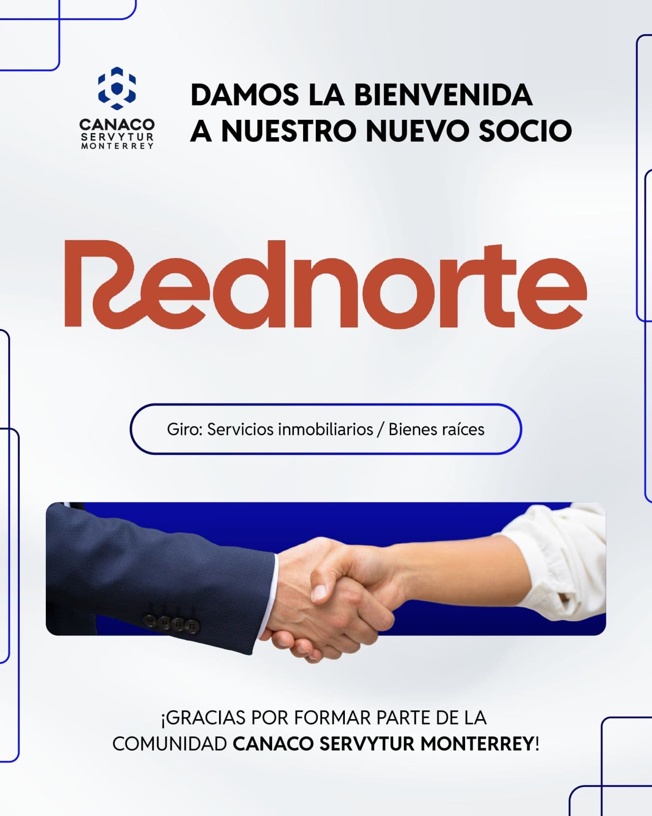 Publicación de bienvenida de CANACO SERVYTUR Monterrey a Rednorte Inmobiliaria